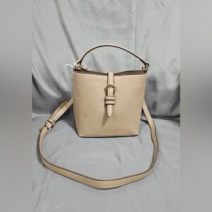 Anne Klein Sculpted Buckle Bucket Bag faux leather beige New